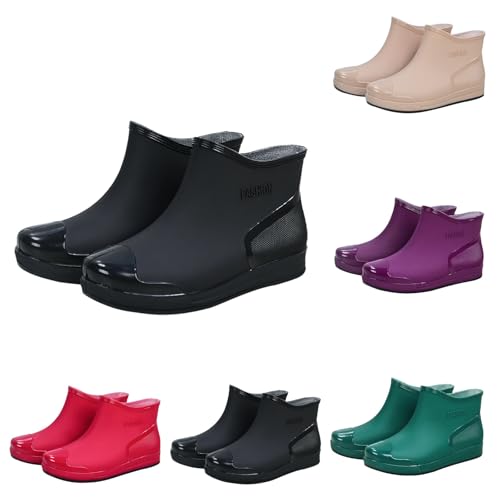 Regenstiefel Damen Gummi Bunte Niedrige Stiefel Wasserdicht Rutschfest Kurze Stiefeletten PVC Wasserschuhe Mode Regenschuhe Elegante Gartenarbeit Rain Boots Bequeme Outdoor Schnee Angeln, Schwarz , 39 von Yekdmxop