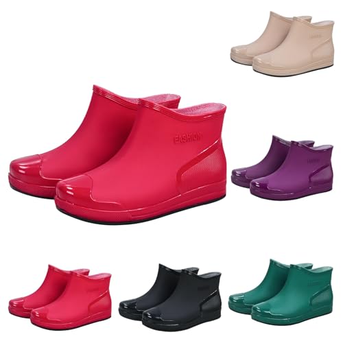 Regenstiefel Damen Gummi Bunte Niedrige Stiefel Wasserdicht Rutschfest Kurze Stiefeletten PVC Wasserschuhe Mode Regenschuhe Elegante Gartenarbeit Rain Boots Bequeme Outdoor Schnee Angeln, rot, 37 EU von Yekdmxop