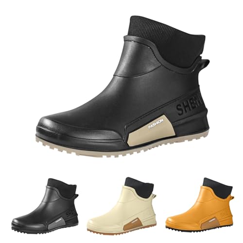 Regenstiefel Damen Gummi Bunte Stiefeletten Niedrige Stiefel Rutschfest Wasserdicht Kurze Stiefel PVC Wasserschuhe Mode Rain Boots Bequeme Outdoor Regenschuhe Elegante Schnee Angeln Garten, Schwarz von Yekdmxop