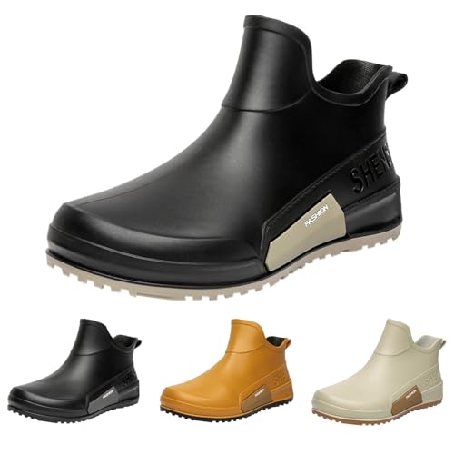 Regenstiefel Damen Gummi Bunte Stiefeletten Niedrige Stiefel Wasserdicht Rutschfest Kurze Stiefel PVC Rain Boots Elegante Wasserschuhe Bequeme Schnee Regenschuhe Mode Angeln Garten Outdoor, Schwarz von Yekdmxop