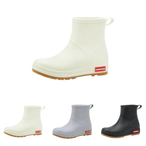 Regenstiefel Damen Gummi Bunte Stiefeletten Niedrige Stiefel Wasserdicht Rutschfest Kurze Stiefel PVC Regenschuhe Mode Rain Boots Bequeme Schnee Wasserschuhe Elegante Garten Outdoor Angeln, beige, 37 von Yekdmxop