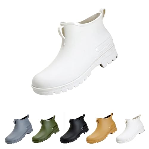 Regenstiefel Damen Gummi Wasserdicht Niedrige Stiefel Rutschfest Bunte Kurze Stiefeletten PVC Wasserschuhe Bequeme Rain Boots Elegant Angeln Regenschuhe Mode Outdoor Gartenarbeit Schnee, Weiß, 36 EU von Yekdmxop