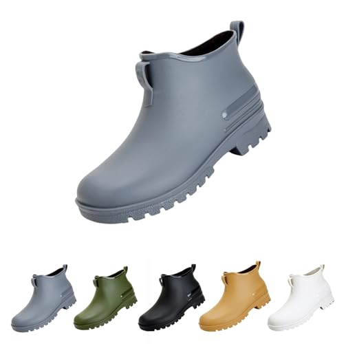 Regenstiefel Damen Gummi Wasserdicht Niedrige Stiefel Rutschfest Bunte Kurze Stiefeletten PVC Wasserschuhe Bequeme Rain Boots Elegant Angeln Regenschuhe Mode Outdoor Gartenarbeit Schnee, grau, 43 EU von Yekdmxop