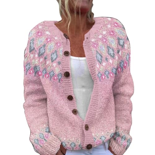 Strickjacke Damen Fleecejacke Elegante Pullover Leichte Pullover Bunte Pullover Damen Übergroße Pullover Jacquard Kurze Pullover Curvy Cardigan aus Kaschmir Frühling Herbst Winter, Rosa, XL von Yekdmxop
