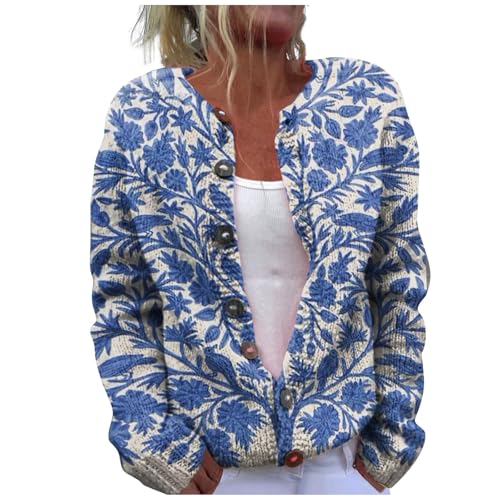 Strickjacke Damen Strickjacke Norwegischer Pullover Elegante Lässige Pullover Jacquard Strickwaren Damen Klassisch Bunte Pullover Langarm Leichte Strickjacke Kaschmir Black Friday 2024, blau, XXL von Yekdmxop