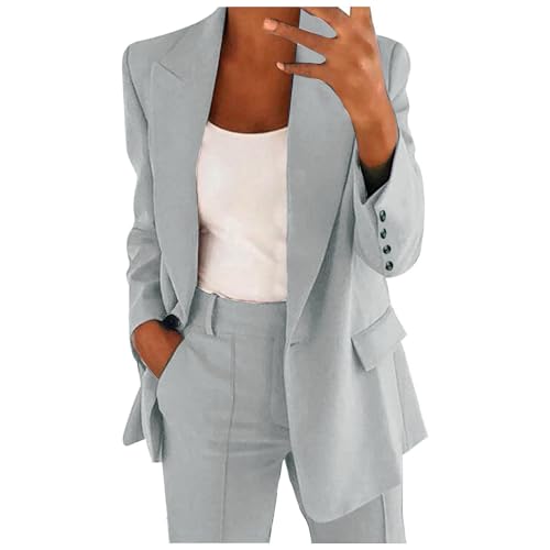 Tailleur Damen Elegant Curvy Set Hose und Jacke Zeremonie Overall Elegant Büro Business Komplett mit Hose und Blazer Langarm Overall Slim Fit 2 Stück für Hochzeit Party, grau, XL von Yekdmxop