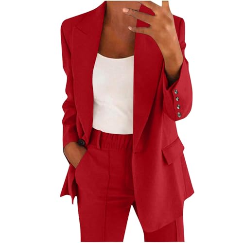 Tailleur Damen Elegant Curvy Set Hose und Jacke Zeremonie Overall Elegant Büro Business Komplett mit Hose und Blazer Langarm Overall Slim Fit 2 Stück für Hochzeit Party, rot, L von Yekdmxop