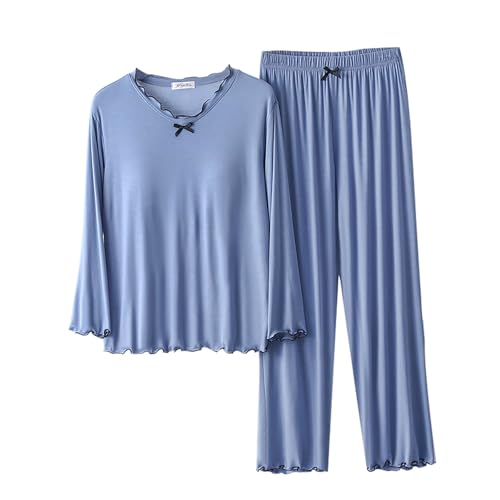 Yekdmxop Pyjama für Damen Winter Weihnachtspyjama Lustig Langarm T-Shirt und lange Hose Lounge Angebot Lounge Set Damen Curvy Pyjamas 2 Stück Bequeme Hauskleidung Damen, blau, L von Yekdmxop