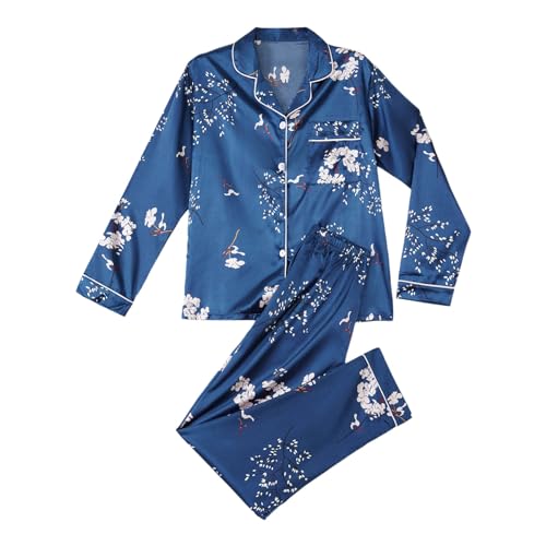Yekdmxop Pyjamas Damen Baumwolle Weihnachtspyjama Leichtes Langarm-T-Shirt und lange Hose Party Lounge Set Damen Bequeme Pyjamas 2 Stück Lustige Hauskleidung Damen, blau, M von Yekdmxop