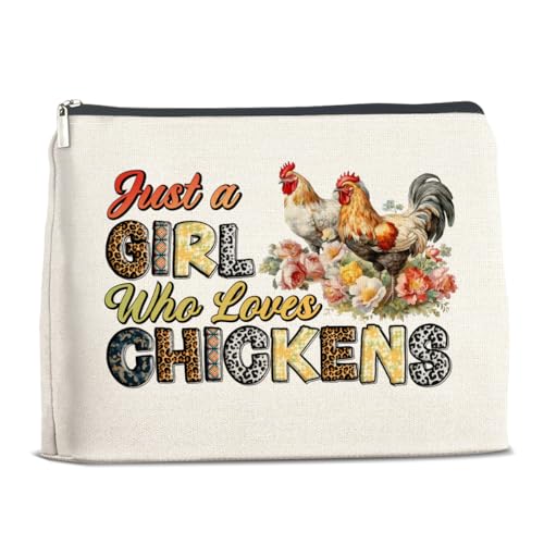 YeleY Lustige Hühner-Geschenke für Hühnerliebhaber, Make-up-Tasche mit Huhn-Thema, Geschenk für Teenager, Mädchen, Frauen, Freunde, Hühnerdame, Geschenk, Kosmetiktasche, Just a Girl Who Loves von YeleY