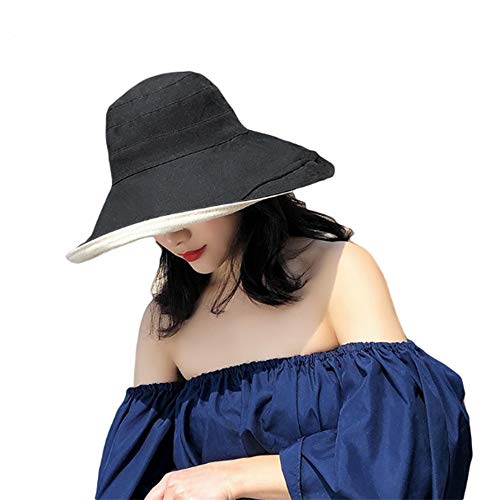Damen Faltbare Klappe Abdeckung UV Schutz Breite Krempe Eimer Baumwolle Strand Sonnenhut Sommerhut, Schwarz Weiß, Einheitsgröße von Yelesley