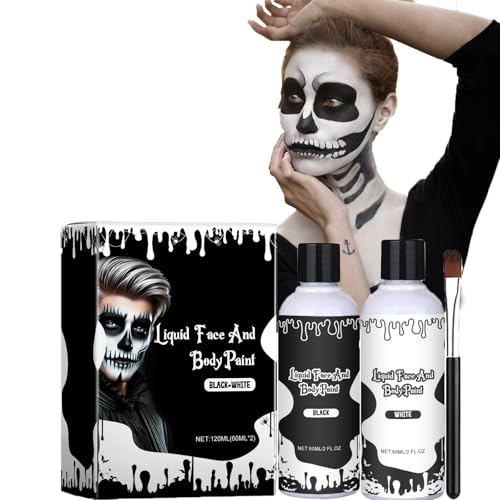 Halloween Schminke Set Schwarz Weiß,Gesicht & Körperfarbe mit Pinsel,Halloween Schminke Schwarz Weiß,Flüssigkeit ,SFX Clown Zombie Vampir Theater Cosplay Fasching Karneval Party Schminkset von Yelewy