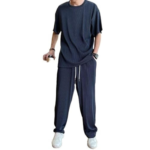 Yellcn Ice Silk Männlicher Anzug, Sommer -Gelegenheits -Set for Kurzarmhosen Tracksuit Männer Fitnessstudio (Color : Blue, Size : L) von Yellcn