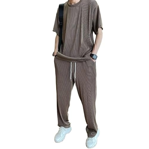 Yellcn Männer setzt lässige Sommer dünne, lose elastische Eisseide kurzärmelige Top + Hosen lässige zweiteilige Herrenanzug (Color : Dark brown, Size : L) von Yellcn