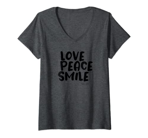 Damen Love Peace Smile Schwarz T-Shirt mit V-Ausschnitt von Yellow Cow Tv