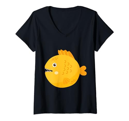 Damen Gelber Fisch T-Shirt mit V-Ausschnitt von Yellow Fish Piranha Sharp Teeth Cute Gift Fishing