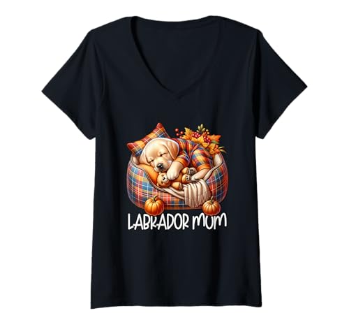 Damen Autumn Sleep Dog Labrador Puppy Must Haves for Labrador Mom T-Shirt mit V-Ausschnitt von Yellow Labrador Retriever Gifts For Fall Lovers