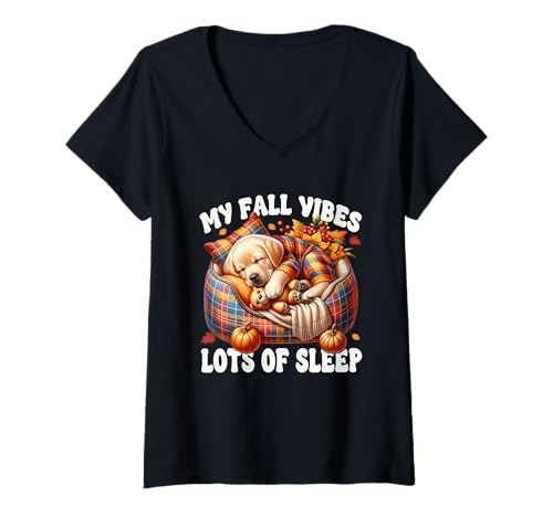 Damen Cute Labrador Retriever Stuff Funny Fall Saying Autumn Sleep T-Shirt mit V-Ausschnitt von Yellow Labrador Retriever Gifts For Fall Lovers