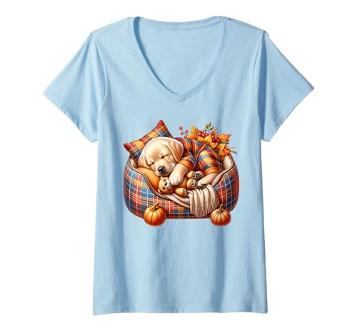 Damen Golden Retriever Dog Mom Graphic with Cozy Autumn Fall Vibes T-Shirt mit V-Ausschnitt von Yellow Labrador Retriever Gifts For Fall Lovers