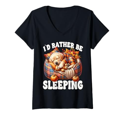 Damen Golden Retriever Fall Saying Lab Dad Id Rather Be Sleeping T-Shirt mit V-Ausschnitt von Yellow Labrador Retriever Gifts For Fall Lovers