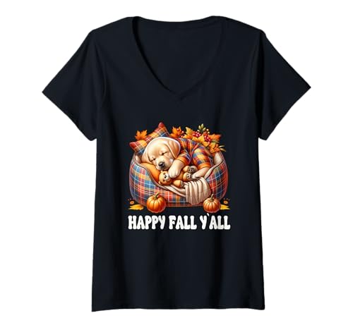 Damen Happy Fall Yall Decor for Labrador Lover Cozy Autumn Vibes T-Shirt mit V-Ausschnitt von Yellow Labrador Retriever Gifts For Fall Lovers