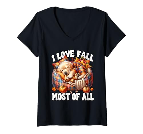 Damen I Love Fall Most of All for Labrador Lover Autumn-Sayings T-Shirt mit V-Ausschnitt von Yellow Labrador Retriever Gifts For Fall Lovers
