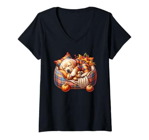 Damen Labrador Retriever for Lab Mom Autumn Sleep Dog for Fall T-Shirt mit V-Ausschnitt von Yellow Labrador Retriever Gifts For Fall Lovers