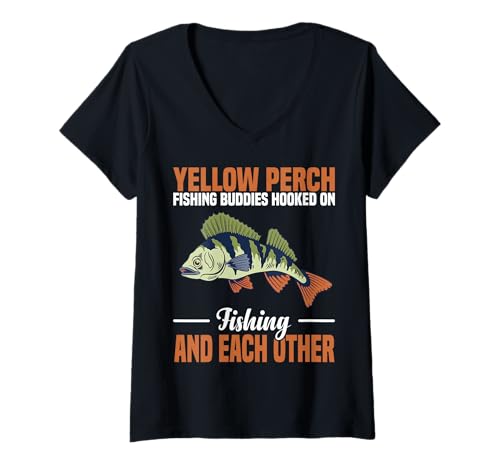 Damen Gelbe Barsch-Angelfreunde aneinander gehakt T-Shirt mit V-Ausschnitt von Yellow Perch Fishing Buddies Enthusiasts
