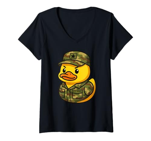 Damen Gelbe Ente US Army Tierliebhaber Soldat Zoo Jungen Mädchen Kinder T-Shirt mit V-Ausschnitt von YellowDuckAxis