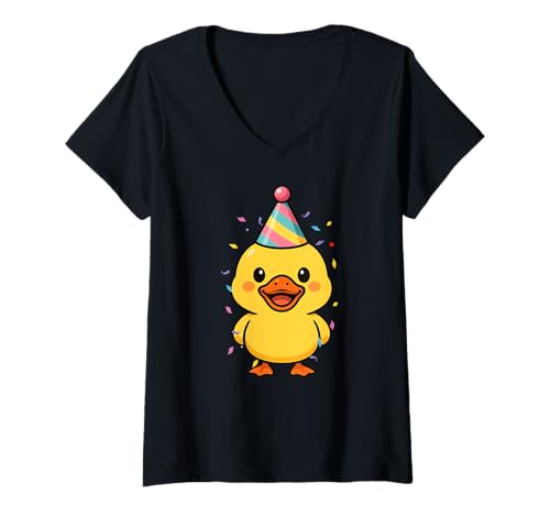 Damen Gelbe Ente Geburtstag Party Hut Geburtstag Jungen Mädchen Kinder T-Shirt mit V-Ausschnitt von YellowDuckAxis1