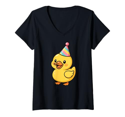 Damen Gelbe Ente Happy Birthday Party Hut Geburtstag Jungen Mädchen Kinder T-Shirt mit V-Ausschnitt Damen Gelbe Ente Happy Birthday Party Hut Geburtstag Jungen Mädchen Kinder T-Shirt mit V-Ausschnitt von YellowDuckAxis1