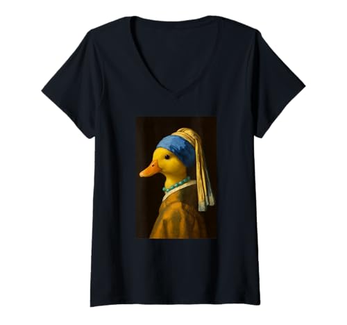 Damen Gelbe Ente Mädchen Perlenohrmalerei Kunst Jungen Mädchen Kinder T-Shirt mit V-Ausschnitt von YellowDuckAxis1