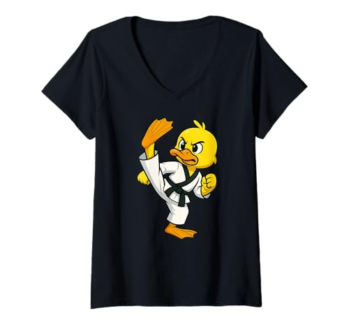Damen Gelbe Ente Tierliebhaber Karate Taekwondo Jungen Mädchen Kinder T-Shirt mit V-Ausschnitt Damen Gelbe Ente Tierliebhaber Karate Taekwondo Jungen Mädchen Kinder T-Shirt mit V-Ausschnitt von YellowDuckAxis1