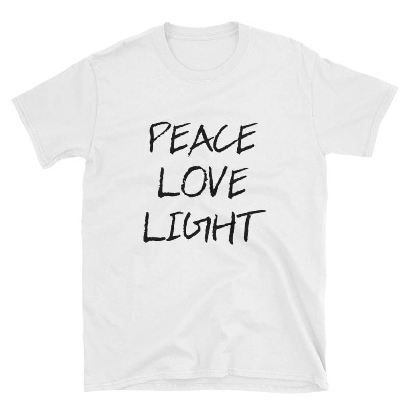 Kurzarm-Unisex Frieden, Liebe, Licht-T-Shirt Kurzarm-Unisex Frieden, Liebe, Licht-T-Shirt von YellowPcock