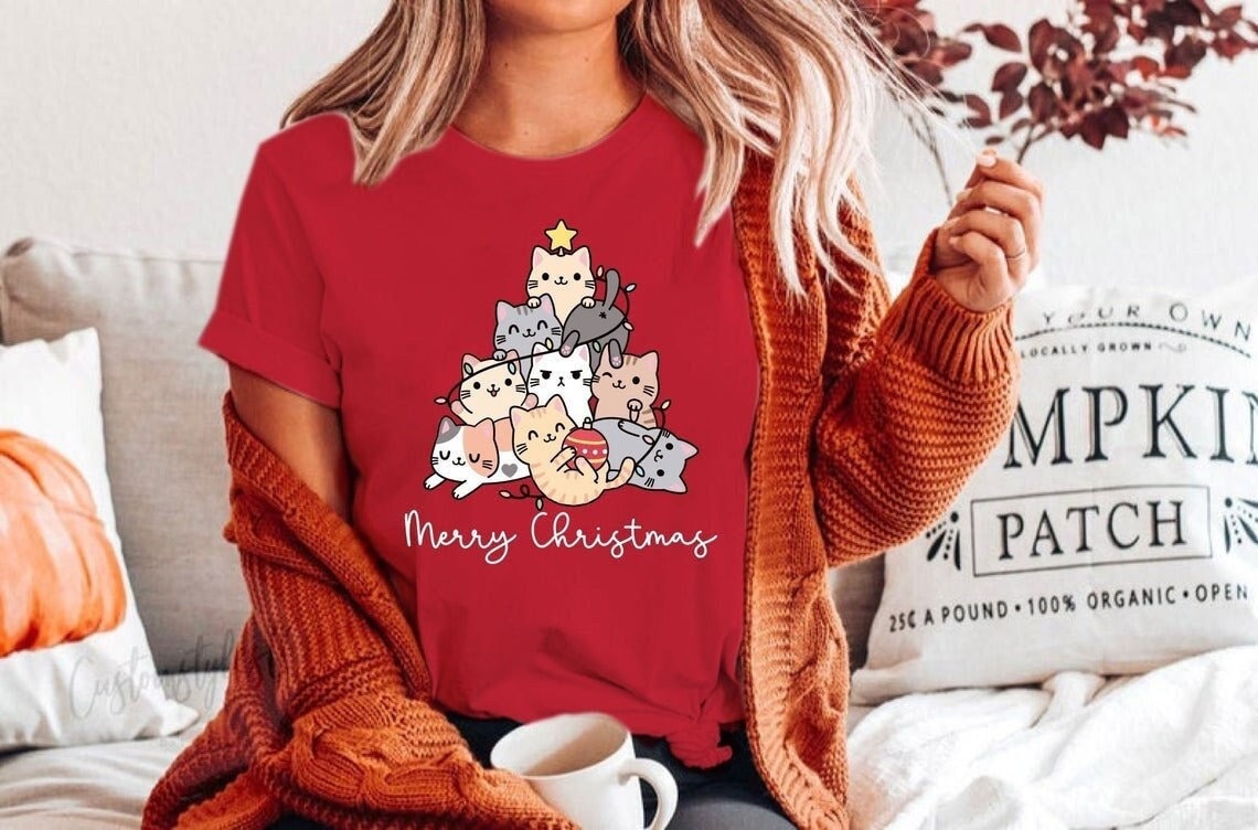 Weihnachtskatze Baum Shirt, Weihnachtsshirt, Süßes Damen Weihnachtsshirt Für Frauen Katze | Alt von YellowPearlCrafts