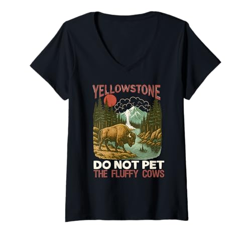Damen Do Not Pet The Fluffy Cows Yellowstone Bison National Park T-Shirt mit V-Ausschnitt Damen Do Not Pet The Fluffy Cows Yellowstone Bison National Park T-Shirt mit V-Ausschnitt von Yellowstone Wildlife Humor