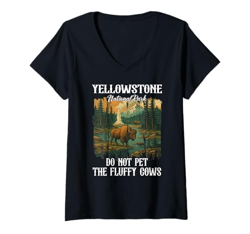 Damen Do Not Pet The Fluffy Cows Yellowstone Bison National Park T-Shirt mit V-Ausschnitt Damen Do Not Pet The Fluffy Cows Yellowstone Bison National Park T-Shirt mit V-Ausschnitt von Yellowstone Wildlife Humor