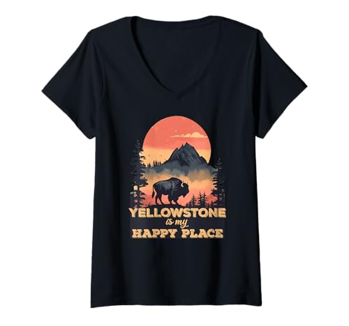 Damen Yellowstone is My Happy Place Bison National Park T-Shirt mit V-Ausschnitt Damen Yellowstone is My Happy Place Bison National Park T-Shirt mit V-Ausschnitt von Yellowstone Wildlife Humor