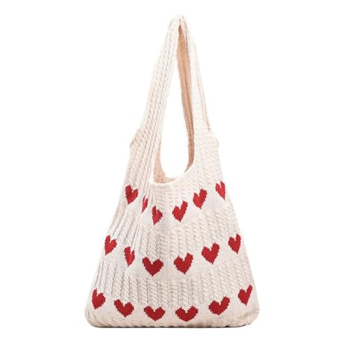 Yelschwa Damen Häkeltaschen Herz Hobo Tote Handtasche Gestrickte Schultertasche Handtasche Ästhetisches Muster Alltag Strand Urlaub Casual Handtasche Geburtstag Valentinstag Geschenk, aprikose von Yelschwa