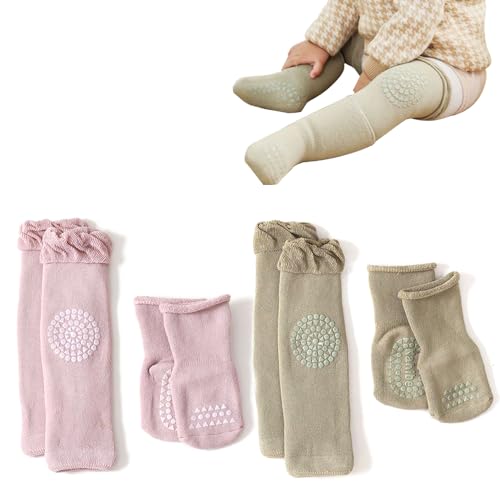 Knieschoner Baby Krabbeln Mädchen Jungen Rutschfeste Socken Winter Baumwolle Knieschutz Dicke Anti-rutsch Kleinkind Knieschützer Herbst Neugeborenen-Geschenkset (M(1-3Jahren), Hellviolett+Bohnengrün) von Yemlarey