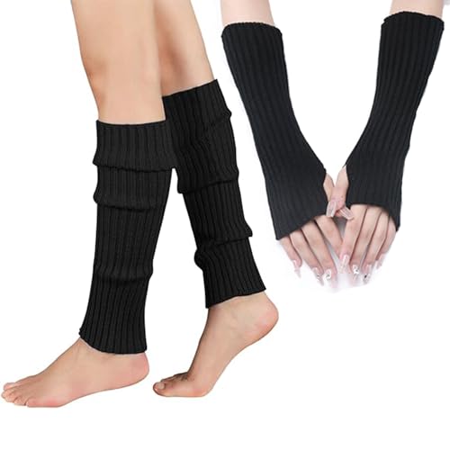 Winter Langer Beinstulpen Armstulpen handschuhe Set Damen Wärmer Fingerlose Handschuhe Elastische Strickhandschuhe Frauen Mädchen Gestrickte Socken… (ONESIZE, Schwarz) von Yemlarey