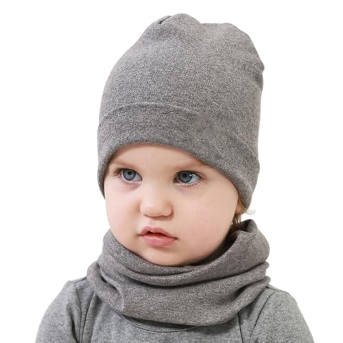 Yemlarey Kindermütze Schal Set Baumwolle Babymütze Mädchen Jungen Haube Warm Beanie Loop Schal Herbst Winter(Hanf grau, L) von Yemlarey