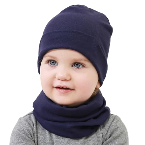 Yemlarey Kindermütze Schal Set Baumwolle Babymütze Mädchen Jungen Haube Warm Beanie Loop Schal Herbst Winter(Marineblau, L) von Yemlarey