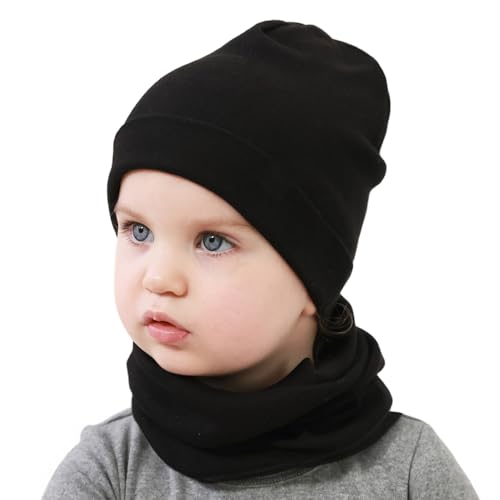 Yemlarey Kindermütze Schal Set Baumwolle Babymütze Mädchen Jungen Haube Warm Beanie Loop Schal Herbst Winter(Schwarz, L) von Yemlarey