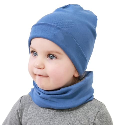 Yemlarey Kindermütze Schal Set Baumwolle Babymütze Mädchen Jungen Haube Warm Beanie Loop Schal Herbst Winter (Haze blau, L) von Yemlarey