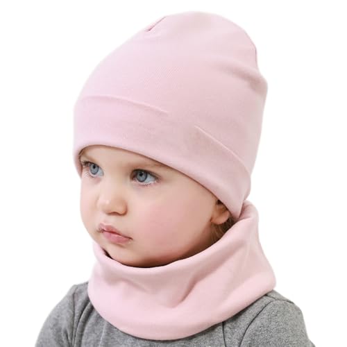 Yemlarey Kindermütze Schal Set Baumwolle Babymütze Mädchen Jungen Haube Warm Beanie Loop Schal Herbst Winter (Hellrosa, M) von Yemlarey