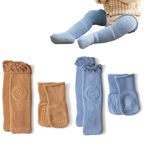 Yemlarey Knieschoner Baby Krabbeln Mädchen Jungen Rutschfeste Socken Winter Baumwolle Knieschutz Dicke Anti-rutsch Kleinkind Knieschützer Herbst Neugeborenen-Geschenkset (M(1-3Jahren), Blau+Braun) von Yemlarey