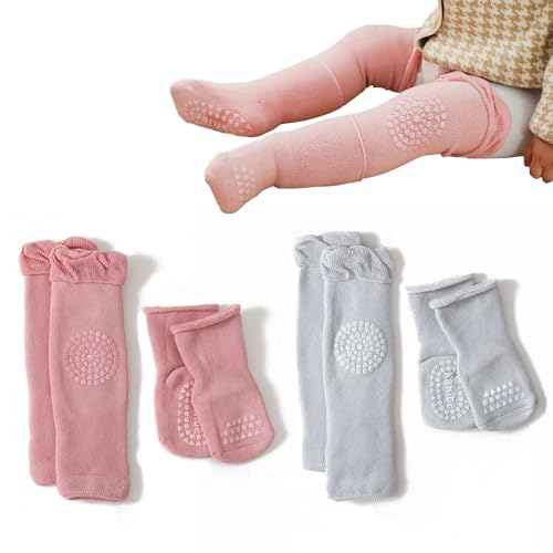 Yemlarey Knieschoner Baby Krabbeln Mädchen Jungen Rutschfeste Socken Winter Baumwolle Knieschutz Dicke Anti-rutsch Kleinkind Knieschützer Herbst Neugeborenen-Geschenkset (S(0-1Jahren), Rosa+Grau) von Yemlarey