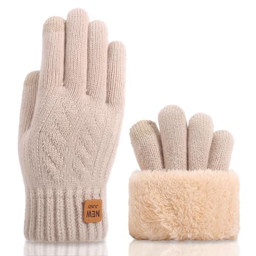 Yemlarey Winter Handschuhe Herren Damen Warme Touchscreen Strickhandschuhe mit Dicke Fleece Flauschige Fäustlinge fur männer Frauen (Beige, Damen) von Yemlarey