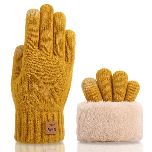 Yemlarey Winter Handschuhe Herren Damen Warme Touchscreen Strickhandschuhe mit Dicke Fleece Flauschige Fäustlinge fur männer Frauen (Kurkuma, Damen) von Yemlarey